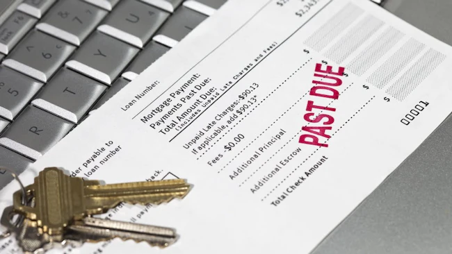 A mortgage statement sits on top of a laptop with a red stamp that reads 'Past Due'