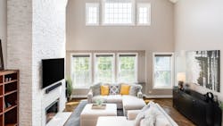 Open floor plan living room with tall ceiling Open floor plan living room with tall ceiling