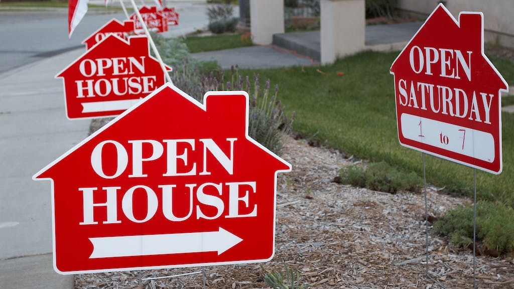 Red signs reading 'Open House' indicate a nearby home for sale