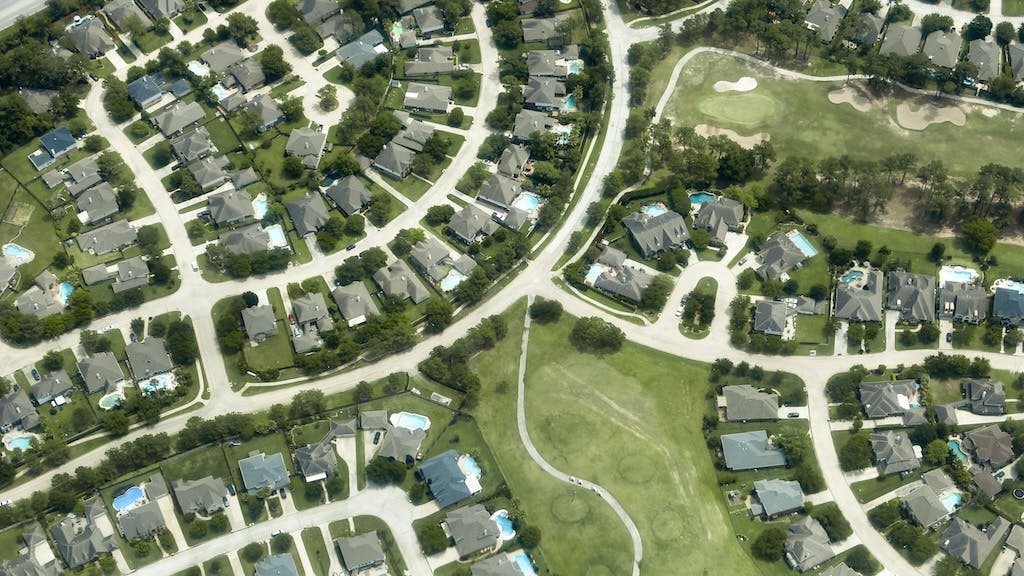 Aerial view of suburban neighborhood