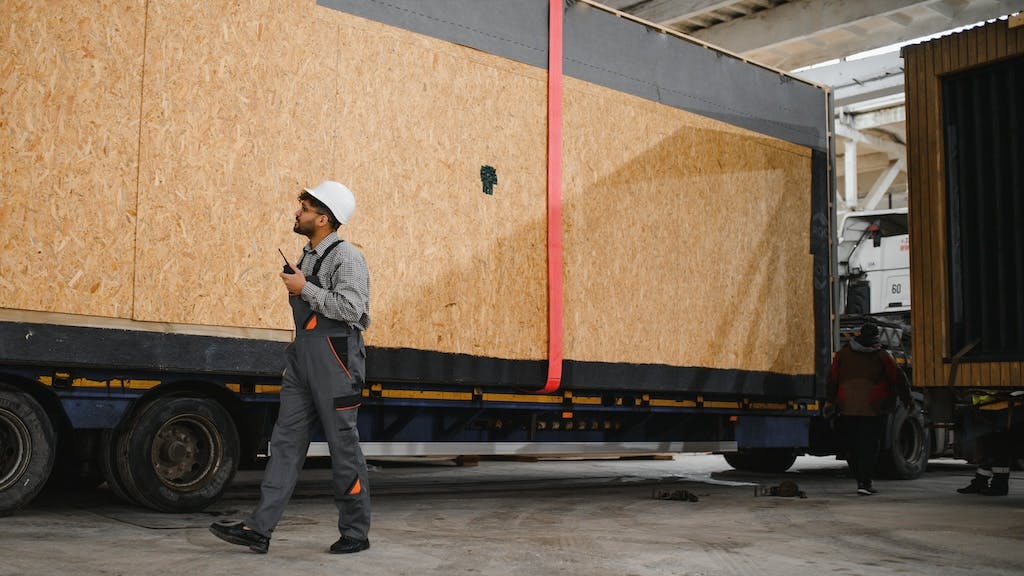 Worker manages loading of factory-built home onto a truck to be transported