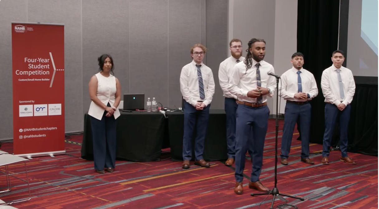The NAHB Student Competition at the 2025 International Builders' Show includes teams of students from four-year college and university programs competing in the Custom/Small Home Build category, sponsored by Terra Forma Solutions, The Cache Along the Poudre River, and Orr Land Company.
