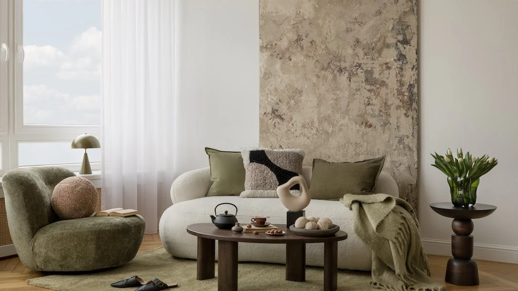 Living room with neutral color palette and wood tones