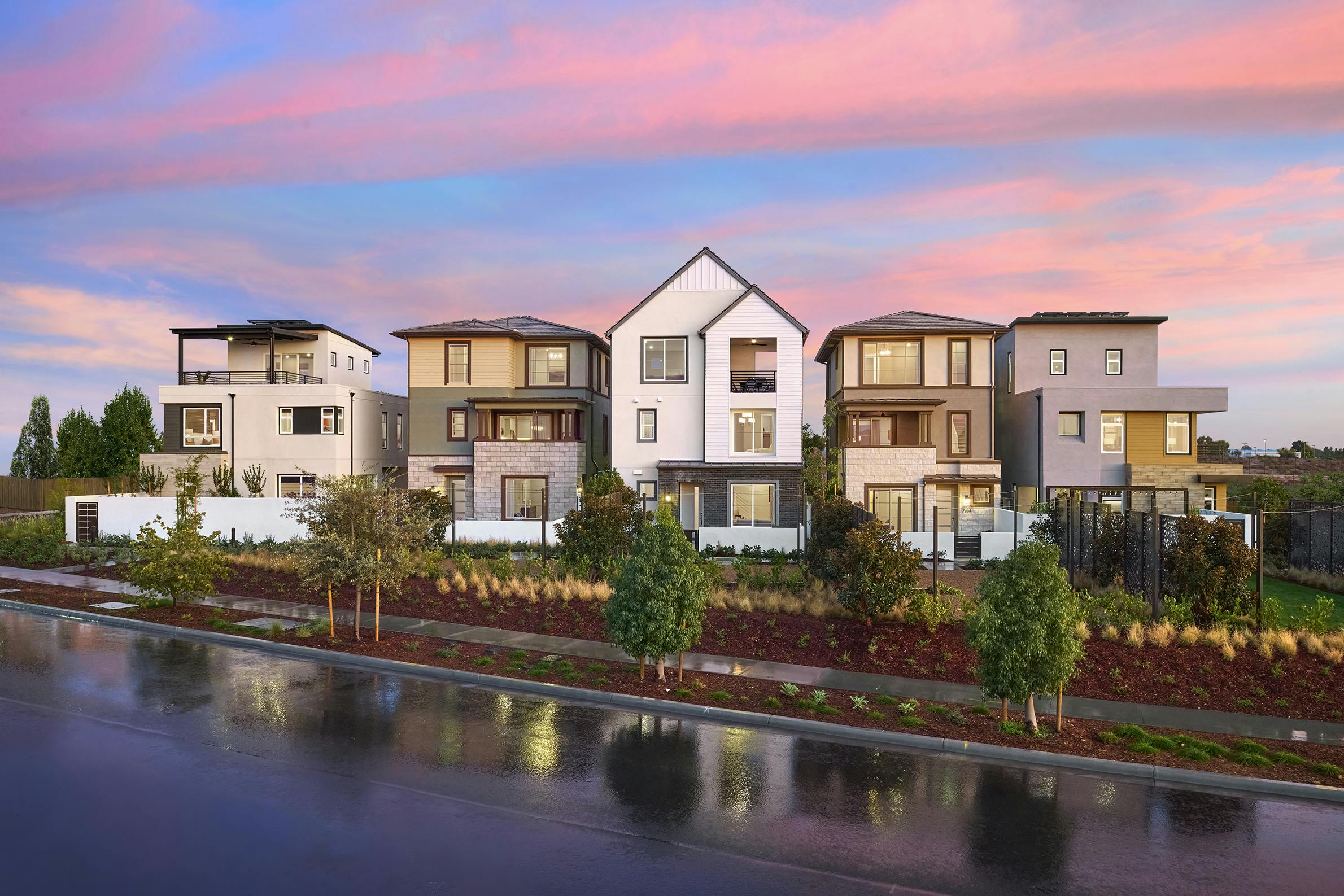 High-density single-family detached homes at L'Aube at Solis Park by Trumark Homes in Irvine, Calif., demonstrate the variety of massing, articulation, and layout that builders can achieve on deep, narrow footprints without the constraint of shared walls.