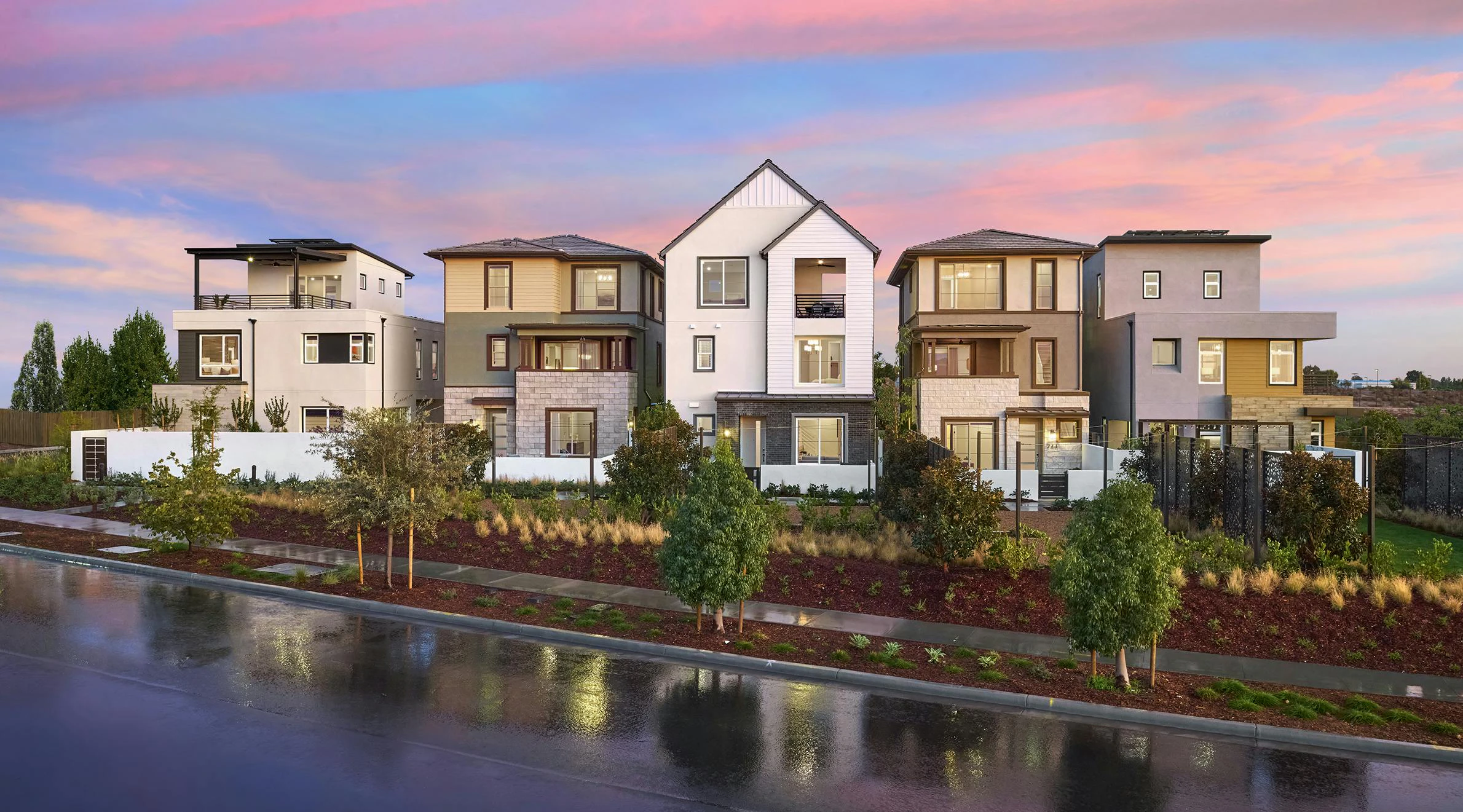 High-density single-family detached homes at L'Aube at Solis Park by Trumark Homes in Irvine, Calif., demonstrate the variety of massing, articulation, and layout that builders can achieve on deep, narrow footprints without the constraint of shared walls.