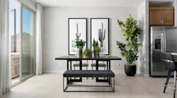 For the dining room at Southridge Pointe by Tri Pointe Homes and WHA in Las Vegas, Pacific Dimensions added subtle texture to one wall, a relatively low-cost yet memorable accent.