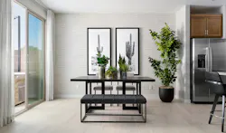 For the dining room at Southridge Pointe by Tri Pointe Homes and WHA in Las Vegas, Pacific Dimensions added subtle texture to one wall, a relatively low-cost yet memorable accent. For the dining room at Southridge Pointe by Tri Pointe Homes and WHA in Las Vegas, Pacific Dimensions added subtle texture to one wall, a relatively low-cost yet memorable accent.