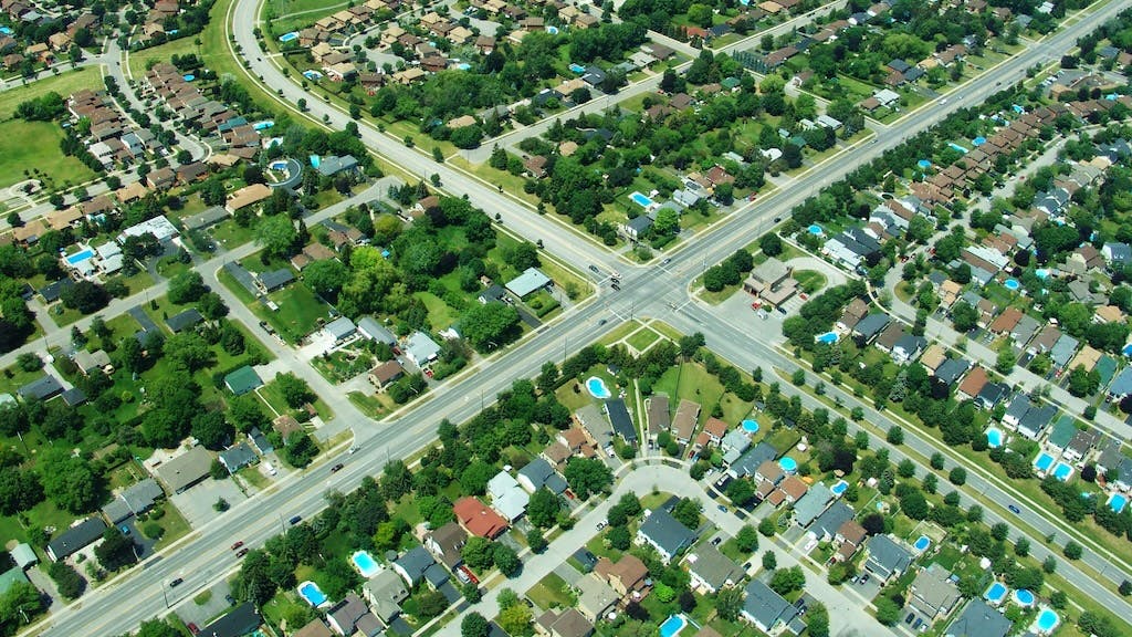 Aerial view of suburban homes