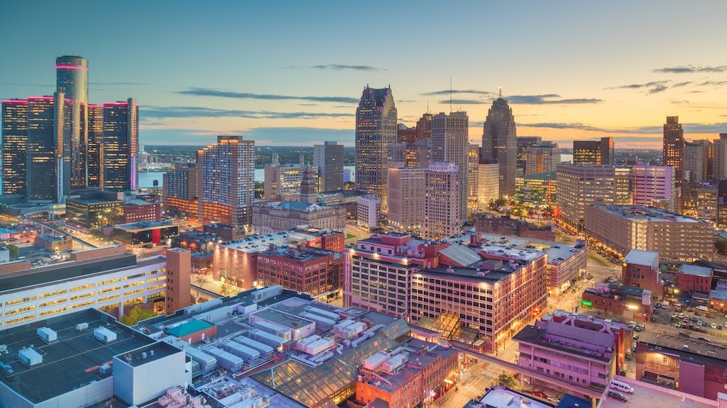 Detroit city skyline at night