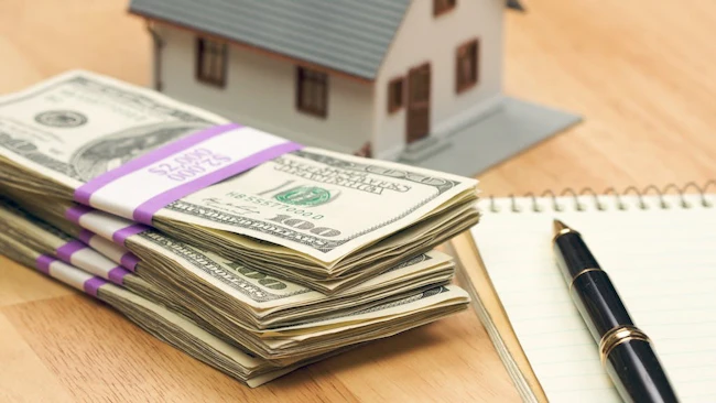 A stack of money next to a model home, representing a down payment