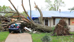 A tree laying on a home in the aftermath of a tornado