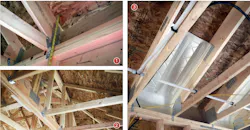 A raised-heel truss (1) extends the top chords by 12 inches, enabling insulation to extend over the top plate; foam baffles secured to the top chords (3) maximize blow-in insulation along the top plate to achieve optimal coverage and energy efficiency. A girder truss (2) bears the weight of intersecting trusses, allowing the hip and jack trusses to form clean 45-degree angles.
