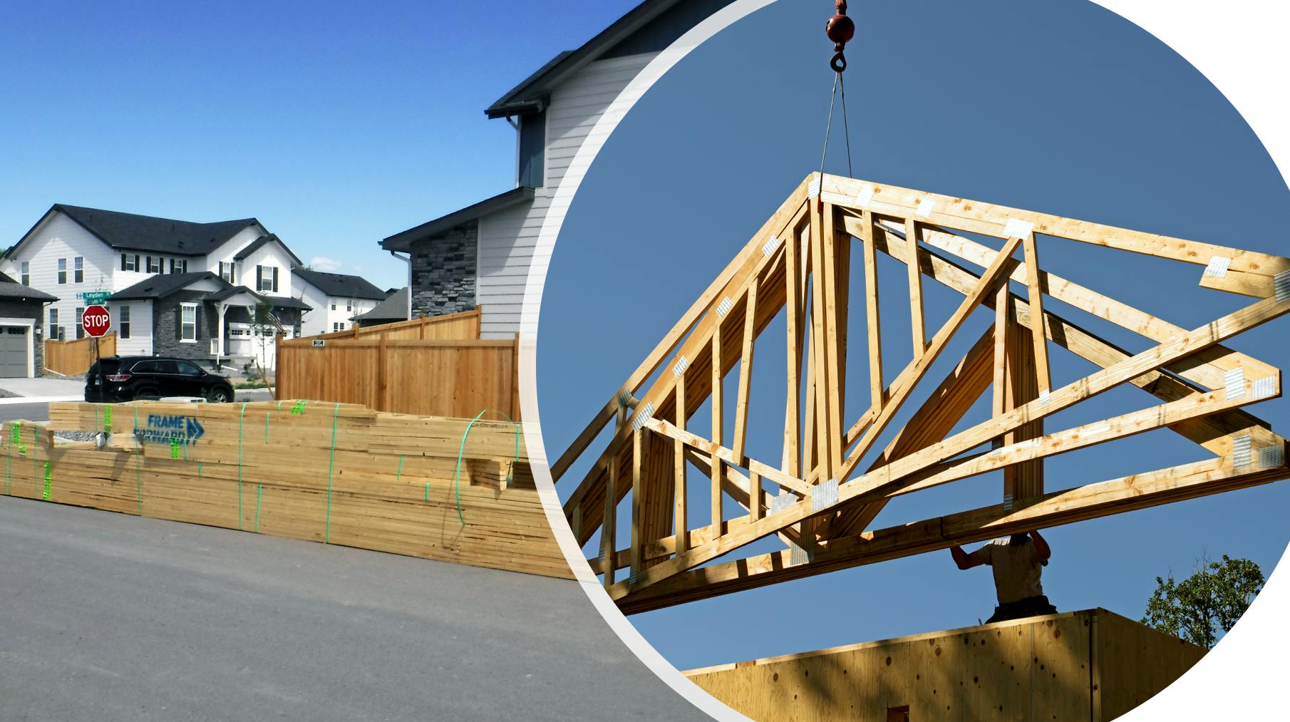 Roof truss packages are delivered on a flatbed truck to the jobsite and stored on a flat surface (left), then craned into place and secured to the perimeter walls (right).