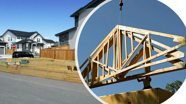 Roof truss packages are delivered on a flatbed truck to the jobsite and stored on a flat surface (left), then craned into place and secured to the perimeter walls (right).
