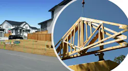 Roof truss packages are delivered on a flatbed truck to the jobsite and stored on a flat surface (left), then craned into place and secured to the perimeter walls (right).