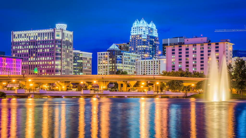Orlando, Fla., city skyline at dusk
