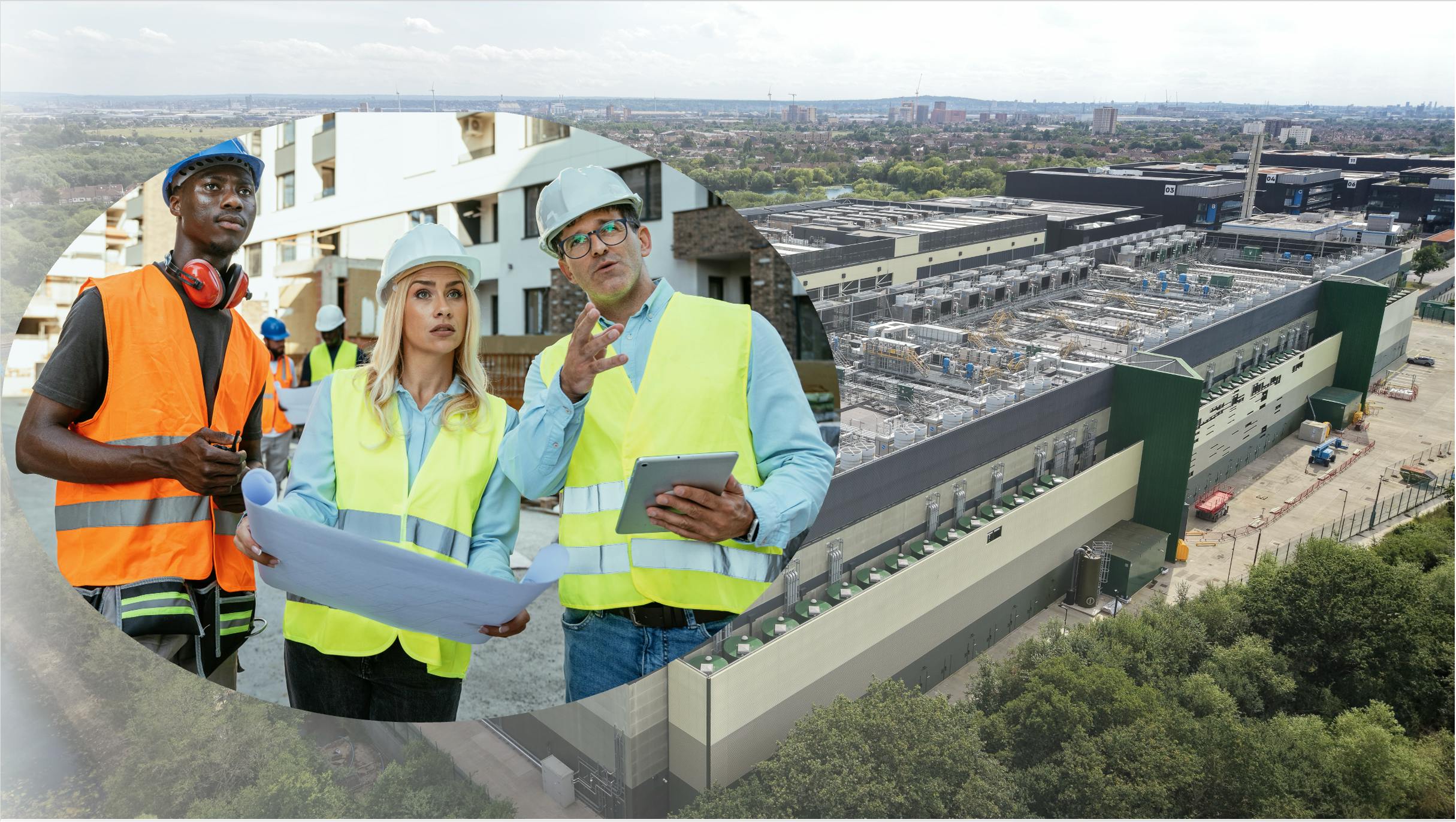 Three construction. workers looking at a data c enter